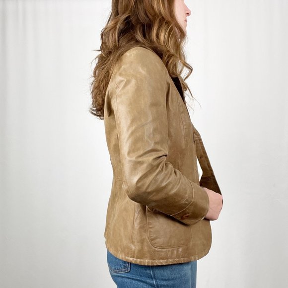 Stunning Vintage Parisian Oversized Leather Camel Tan Blazer Jacket Coat Preppy - Picture 3 of 9